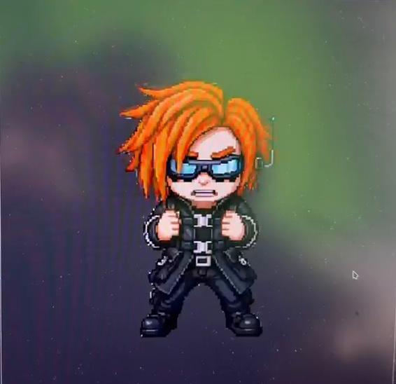 O personagem Gus em corpo inteiro: cabelo laranja espetado, óculos táticos ciano, casaco preto, punhos cerrados sobre um fundo esverdeado.